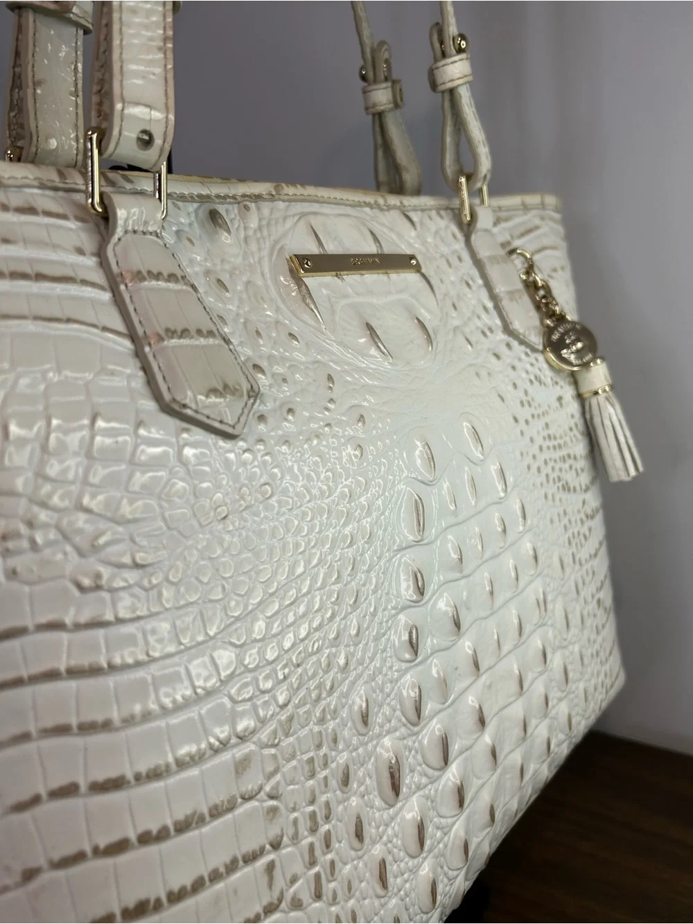 Brahmin Medium Asher White Melbourne Croc Embossed Leather Tote with Tassel